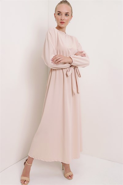 Kadın Bej Kuşaklı Ayrobin Elbise