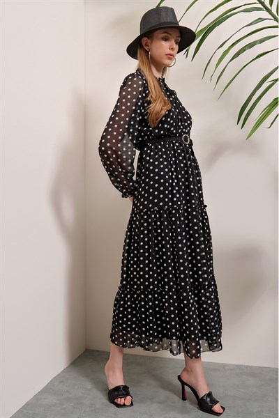 Kadın Siyah Çiçek Desenli Şifon Elbise