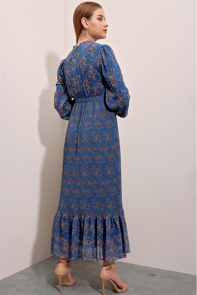 Kadın İndigo Kuşaklı Şifon Elbise