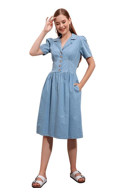 Kadın Açık Mavi Kısa Kol Kruvaze Yaka Kot Elbise 