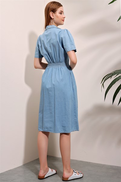 Kadın Açık Mavi Kısa Kol Kruvaze Yaka Kot Elbise 