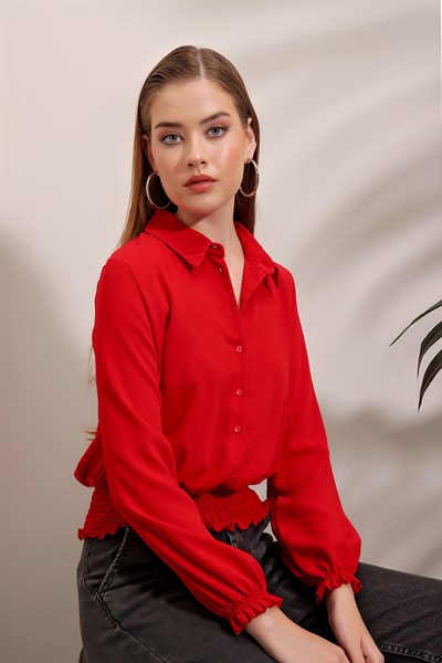 Kadın Kırmızı Eteği Gipeli Gömlek