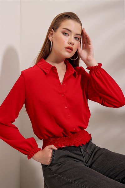 Kadın Kırmızı Eteği Gipeli Gömlek