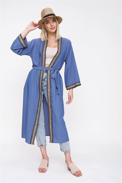 Kadın İndigo Hasır İşlemeli Kimono
