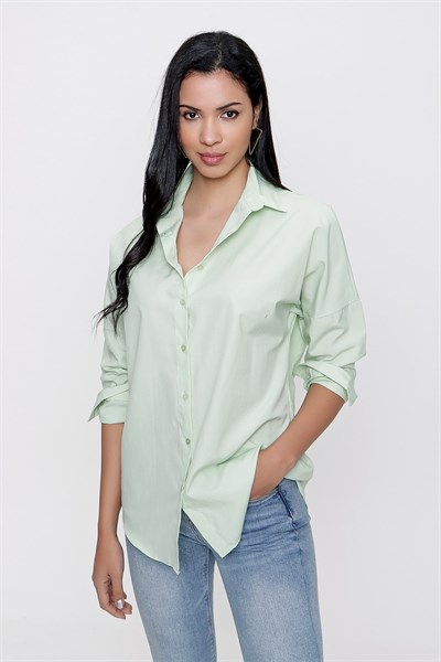 Kadın Açık Yeşil Geniş Yaka Düz Gömlek