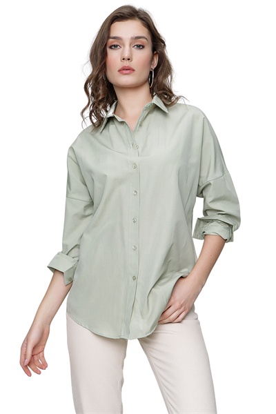 Kadın Su Yeşili  Geniş Yaka Düz Gömlek