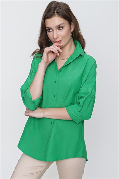 Kadın Yeşil Geniş Yaka Düz Gömlek