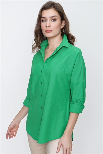 Kadın Yeşil Geniş Yaka Düz Gömlek