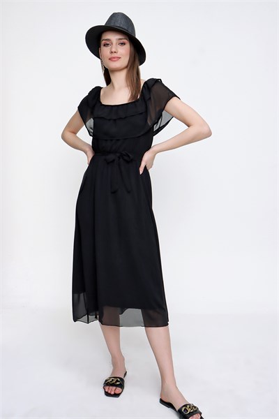 Kadın Siyah Fırfırlı Şifon Uzun Elbise