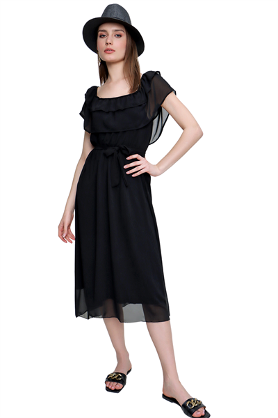 Kadın Siyah Fırfırlı Şifon Uzun Elbise