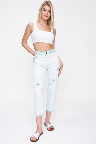 Kadın Mint Lazerli Renkli Kot Pantolon