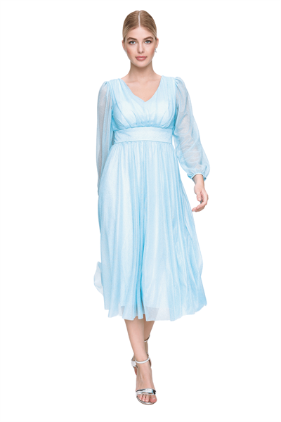 Kadın Mavi  V Yaka Uzun Kol Şifon Abiye Elbise