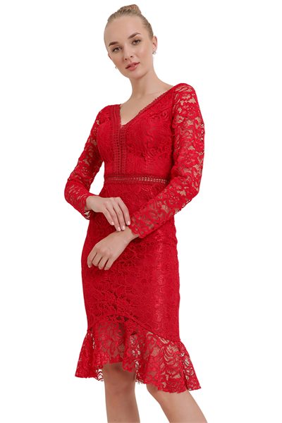 Kadın Kırmızı Beli Göğsü Motifli Uzun Kol Abiye Elbise