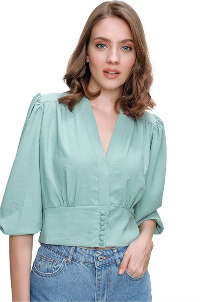 Kadın Mint Kapri Kol Bel Düğme Detay Bluz