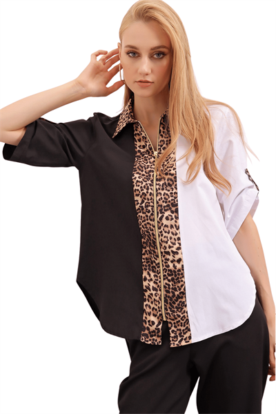 Kadın Siyah-Beyaz Leoparlı Fermuarlı Bluz