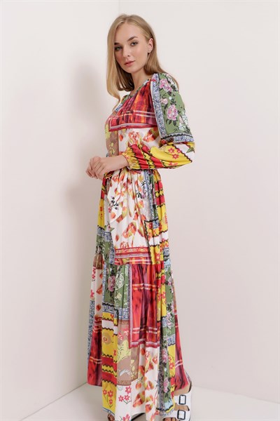 Kadın Renkli Kuşaklı ve Desenli Elbise