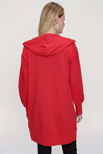 Kadın Kırmızı Kanguru Cepli Fermuarlı Sweatshirt