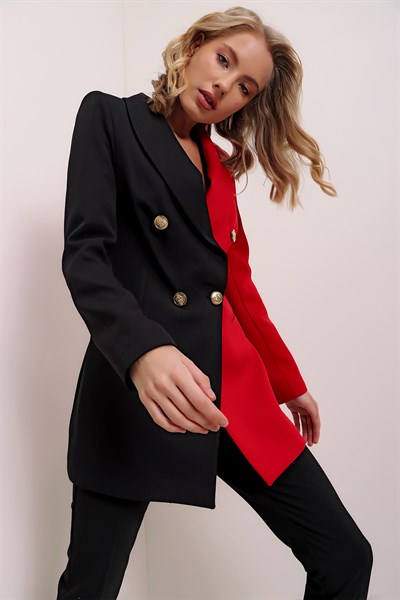 Kadın Kırmızı Çift Renk Kruvaze Yaka Ceket