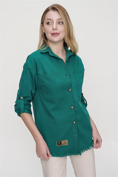 Kadın Yeşil Metal Düğme Gabardin Gömlek