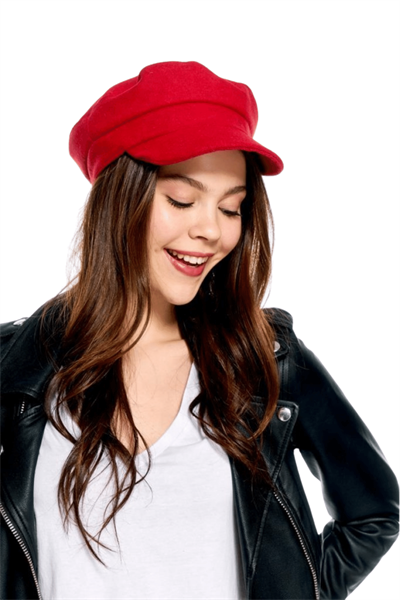 Kadın Kırmızı Kaşe Siperli Şapka