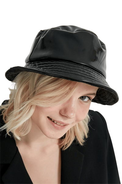 Kadın Siyah Rugan Bucket Şapka