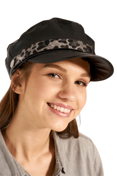 Kadın Gri-Siyah Leopar Desenli Kasket Şapka