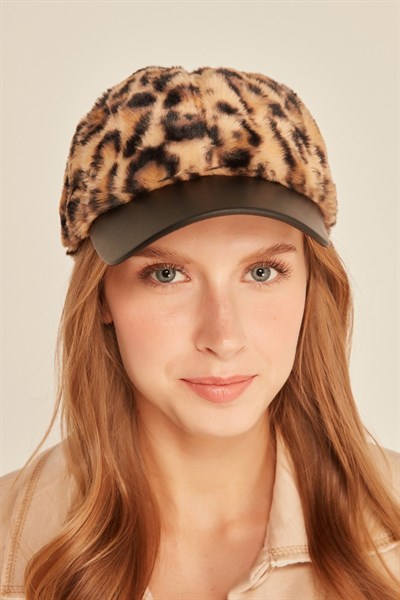 Kadın Leopar Kürklü Kep Şapka