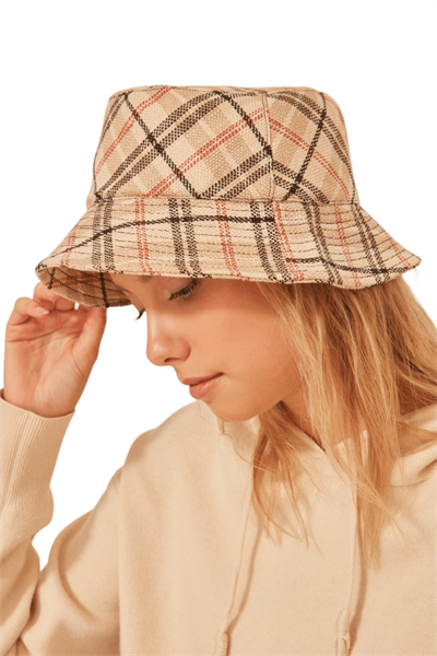 Kadın Bej Ekose Desenli Bucket Şapka