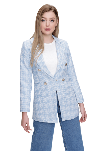 Kadın Mavi Kareli Tüvit Ceket