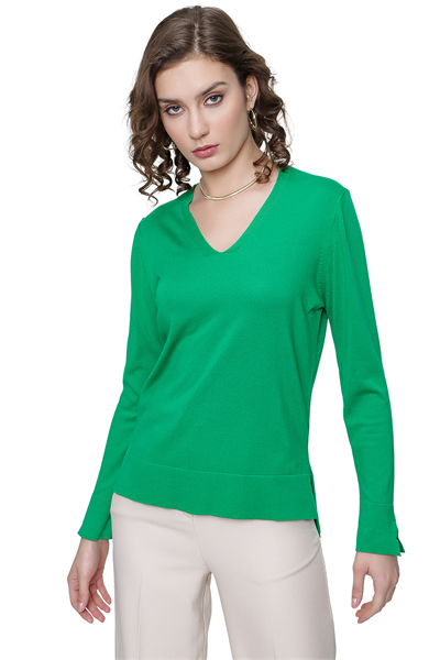 Kadın Zümrüt Yeşil Yaka Fitilli Triko Bluz