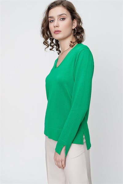 Kadın Zümrüt Yeşil Yaka Fitilli Triko Bluz