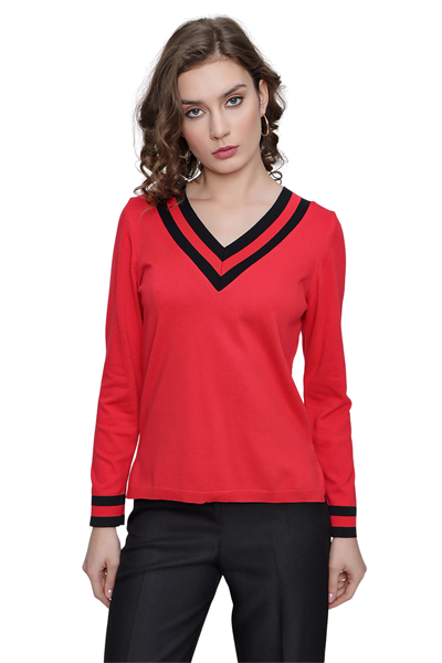 Kadın Kırmızı V Yaka Çift Renk Triko Bluz