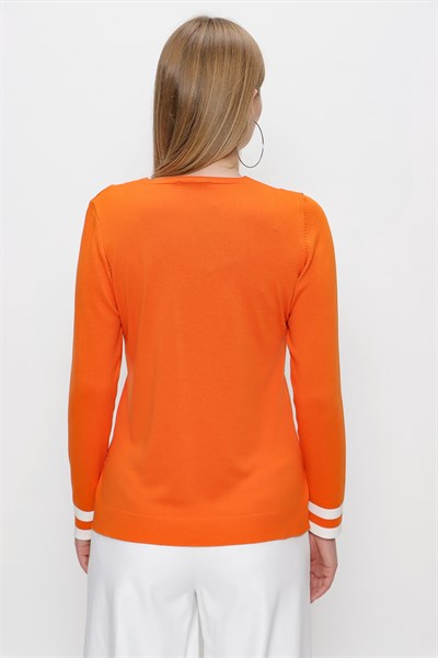 Kadın Orange V Yaka Çift Renk Triko Bluz