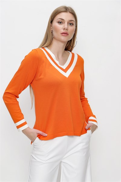 Kadın Orange V Yaka Çift Renk Triko Bluz
