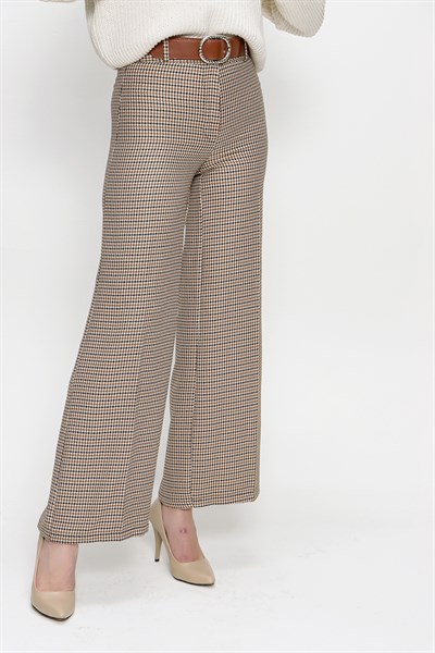 Kadın Bej Kazayağı Kemerli Cepsiz Pantolon