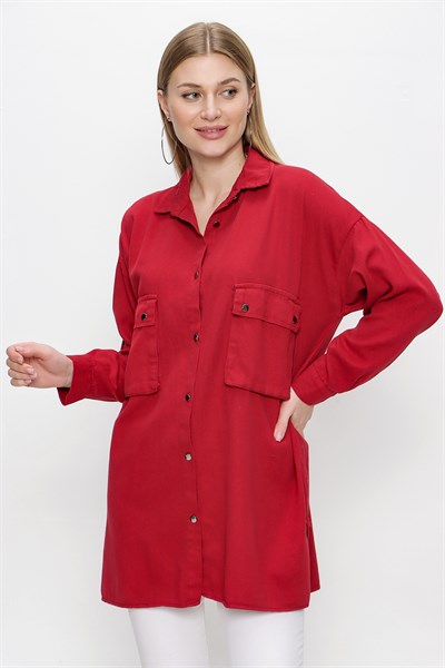 Kadın Kırmızı Metal Düğmeli Gabardin Gömlek
