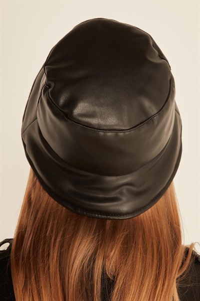 Kadın Siyah Deri Bucket Şapka