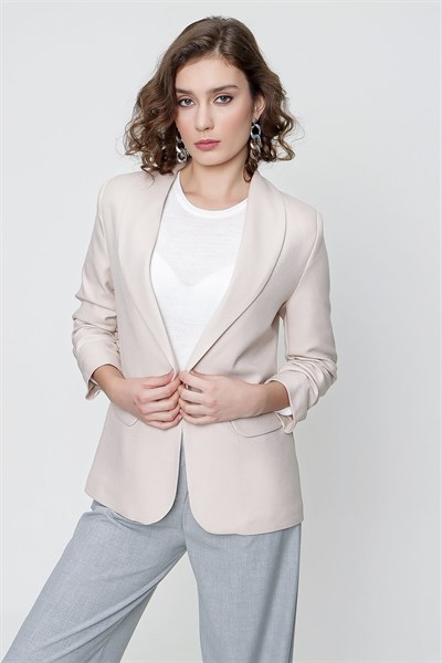 Kadın Taş Kol Büzgülü Yün Efekt Blazer Ceket