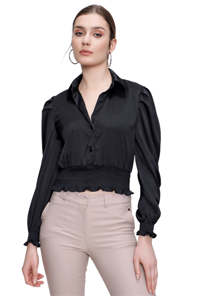 Kadın Siyah Gömlek Yaka Saten Bluz