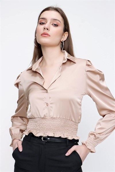 Kadın Vizon Gömlek Yaka Saten Bluz