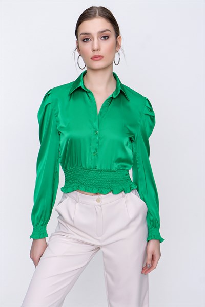 Kadın Zümrüt Yeşil Gömlek Yaka Bluz