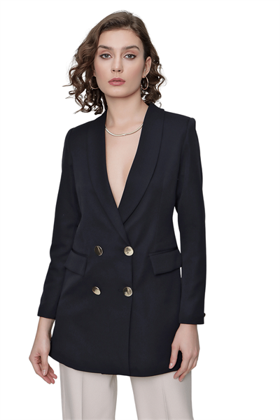 Kadın Siyah Uzun Düğmeli Blazer Ceket