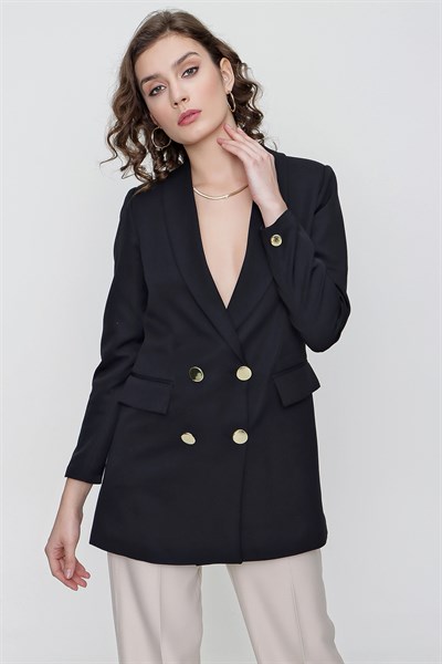 Kadın Siyah Uzun Düğmeli Blazer Ceket