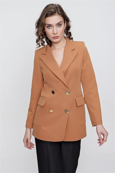 Kadın Karamel Cep Kapaklı Blazer Ceket