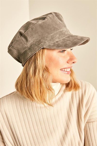 Kadın Gri Süet Kasket Şapka