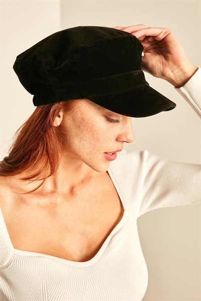 Kadın Siyah Süet Kasket Şapka
