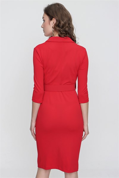 Kadın Kırmızı Likralı Kruvaze Yaka Kemerli Elbise