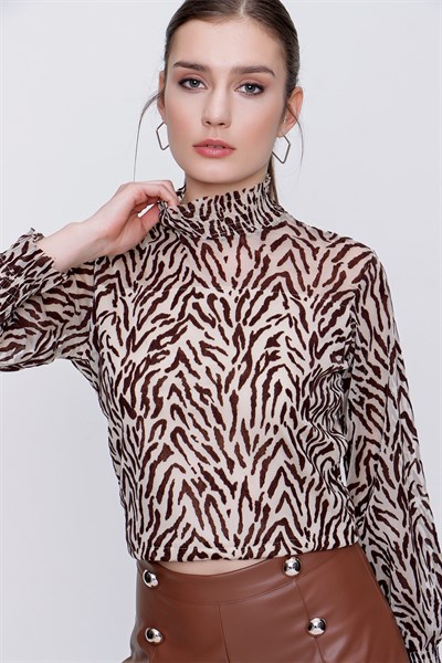 Kadın Kahve Zebra Desen Tül Bluz
