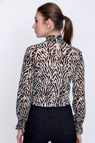 Kadın Siyah Zebra Desen Tül Bluz