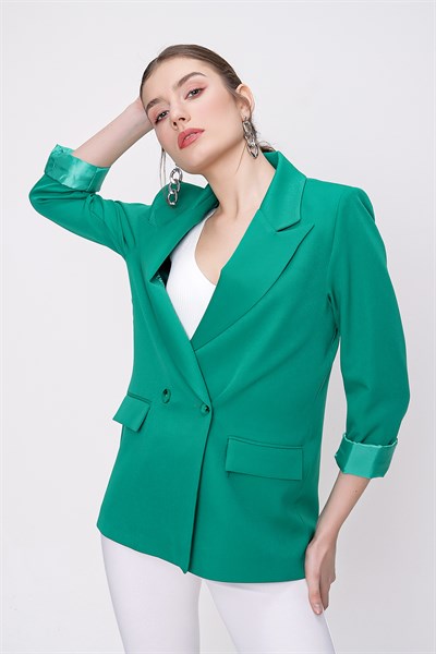 Kadın Yeşil Kol Katlamalı Kruvaze Yaka Ceket